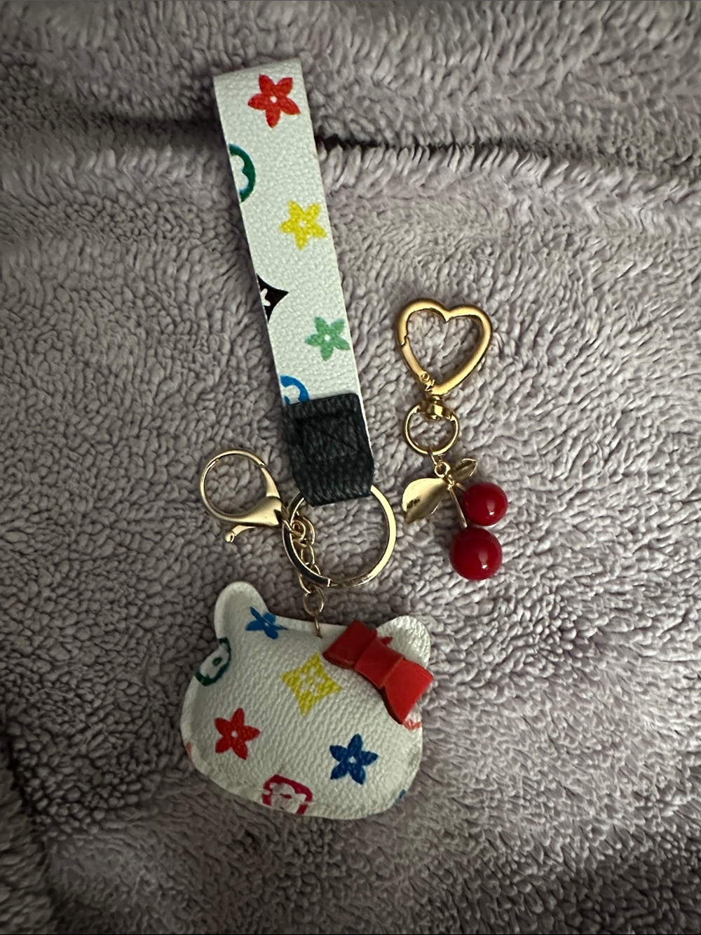 Hello Kitty Style White Multicolor Star Keychain with Red Bow and Cherry Charm